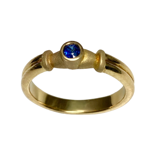 SDC8090: 18 Karat Yellow Gold 3mm Blue Sapphire Ring, size 6 1/2, $1560.00